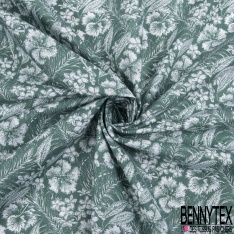 Toile lorraine coton imprimé tropical blanc fond vert céladon façon toile de Jouy