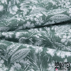 Toile lorraine coton imprimé tropical blanc fond vert céladon façon toile de Jouy