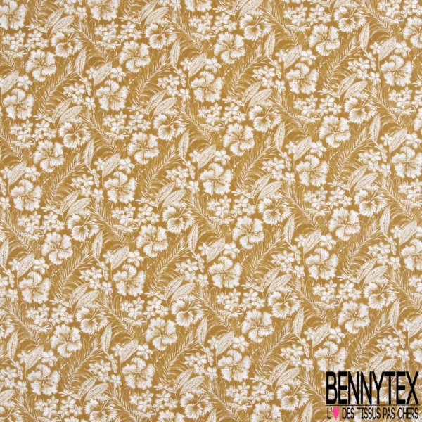 Toile lorraine coton imprimé tropical blanc fond ocre façon toile de Jouy