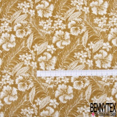 Toile lorraine coton imprimé tropical blanc fond ocre façon toile de Jouy