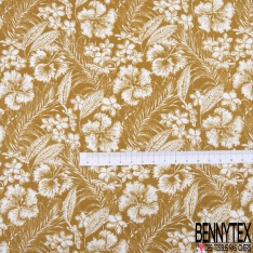 Toile lorraine coton imprimé tropical blanc fond ocre façon toile de Jouy