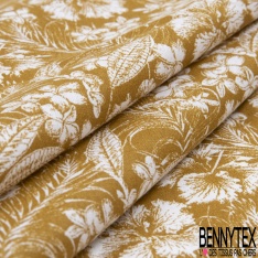 Toile lorraine coton imprimé tropical blanc fond ocre façon toile de Jouy