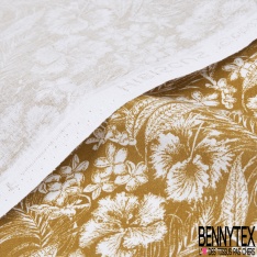 Toile lorraine coton imprimé tropical blanc fond ocre façon toile de Jouy