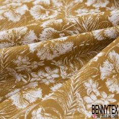 Toile lorraine coton imprimé tropical blanc fond ocre façon toile de Jouy