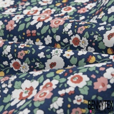 Coton imprimé pensées indigo charron kaki fushia or de pépite entremêlées fond blanc