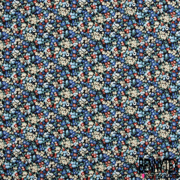 Coton imprimé floral champêtre fond marine