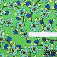 Coton imprimé fleur estivale blanche rose fond bleu de Chine