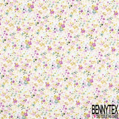 Coton imprimé petite fleur gracieuse ton arc en ciel fond blanc discret