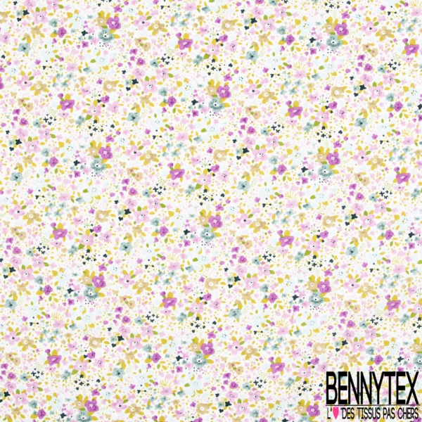 Coton imprimé petite fleur gracieuse ton arc en ciel fond blanc discret