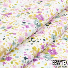 Coton imprimé petite fleur gracieuse ton arc en ciel fond blanc discret