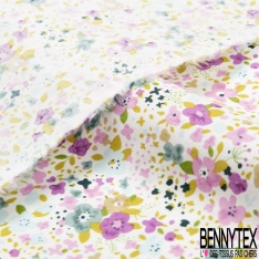 Coton imprimé petite fleur gracieuse ton arc en ciel fond blanc discret