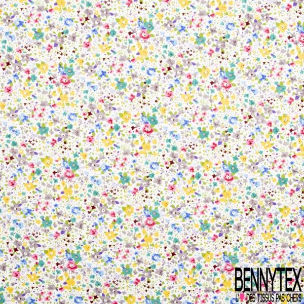 Coton imprimé petite fleur gracieuse ton bleu violine fond blanc discret