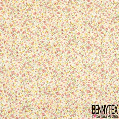 Coton imprimé floral adorable champêtre ton lilas jaune grenadine fond blanc discret
