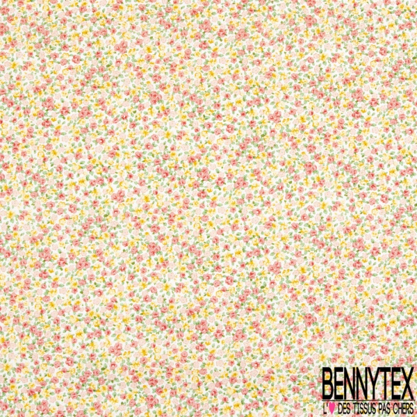 Coton imprimé floral adorable champêtre ton lilas jaune grenadine fond blanc discret