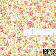 Coton imprimé floral adorable champêtre ton lilas jaune grenadine fond blanc discret
