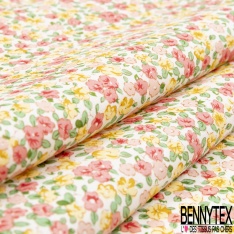 Coton imprimé floral adorable champêtre ton lilas jaune grenadine fond blanc discret