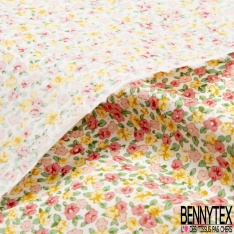 Coton imprimé floral adorable champêtre ton lilas jaune grenadine fond blanc discret