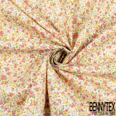 Coton imprimé floral adorable champêtre ton lilas jaune grenadine fond blanc discret