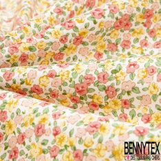 Coton imprimé floral adorable champêtre ton lilas jaune grenadine fond blanc discret