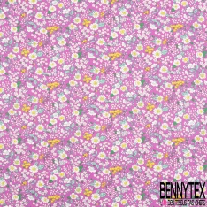 Coton imprimé petite fleur sauvage blanche rosée et jaune fond rouge corail