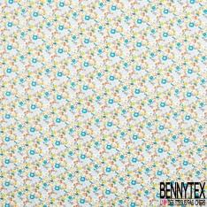 Coton imprimé petite fleur esprit London ton gris ciel turquoise vermillon jaune fond blanc