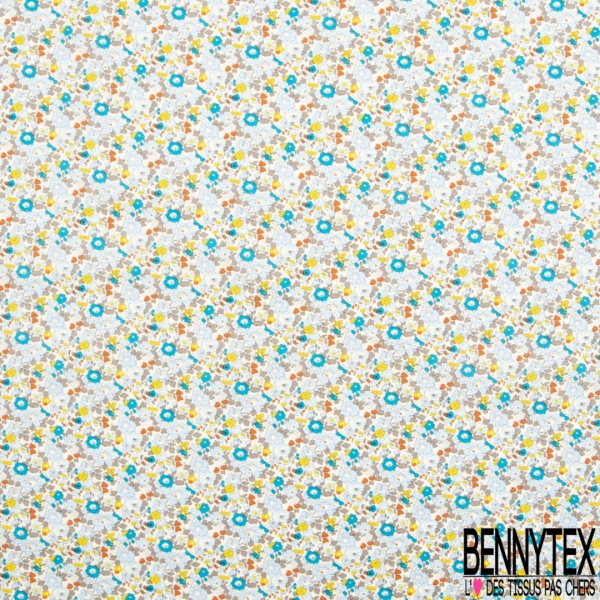 Coton imprimé petite fleur esprit London ton gris ciel turquoise vermillon jaune fond blanc