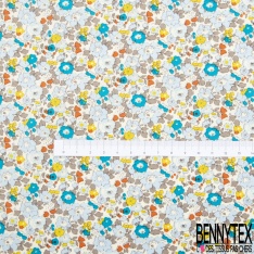 Coton imprimé petite fleur esprit London ton gris ciel turquoise vermillon jaune fond blanc