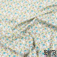 Coton imprimé petite fleur esprit London ton gris ciel turquoise vermillon jaune fond blanc