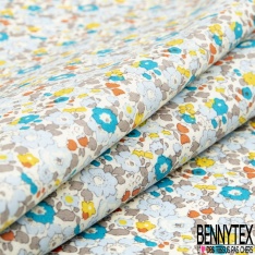 Coton imprimé petite fleur esprit London ton gris ciel turquoise vermillon jaune fond blanc