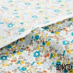 Coton imprimé petite fleur esprit London ton gris ciel turquoise vermillon jaune fond blanc