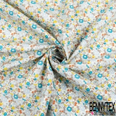 Coton imprimé petite fleur esprit London ton gris ciel turquoise vermillon jaune fond blanc