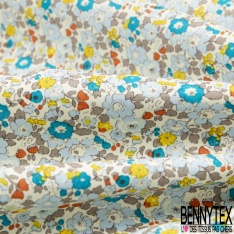 Coton imprimé petite fleur esprit London ton gris ciel turquoise vermillon jaune fond blanc