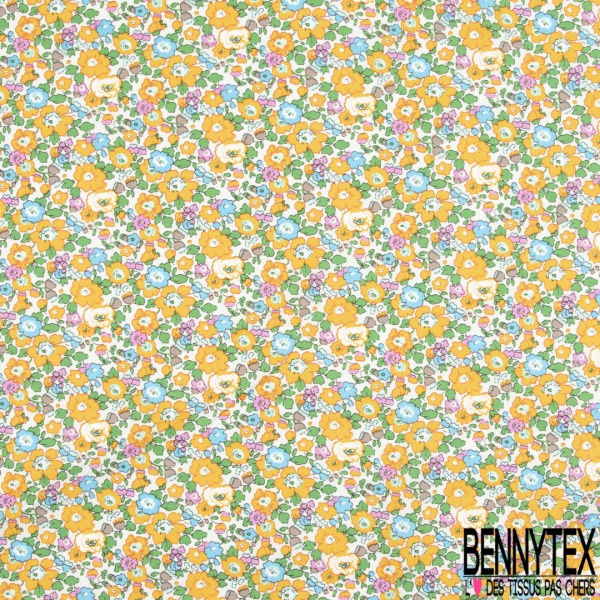 Coton imprimé petite fleur esprit London ton bleu charron violet turquoise lilas vert Brésil fond blanc