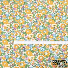 Coton imprimé petite fleur esprit London ton bleu charron violet turquoise lilas vert Brésil fond blanc