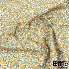 Coton imprimé petite fleur esprit London ton bleu charron violet turquoise lilas vert Brésil fond blanc