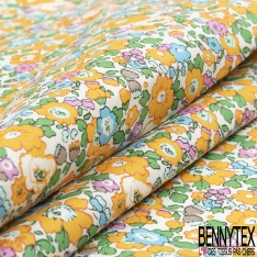 Coton imprimé petite fleur esprit London ton bleu charron violet turquoise lilas vert Brésil fond blanc