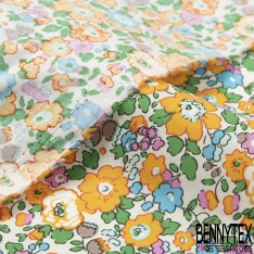 Coton imprimé petite fleur esprit London ton bleu charron violet turquoise lilas vert Brésil fond blanc