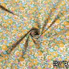 Coton imprimé petite fleur esprit London ton bleu charron violet turquoise lilas vert Brésil fond blanc