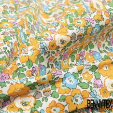 Coton imprimé petite fleur esprit London ton bleu charron violet turquoise lilas vert Brésil fond blanc
