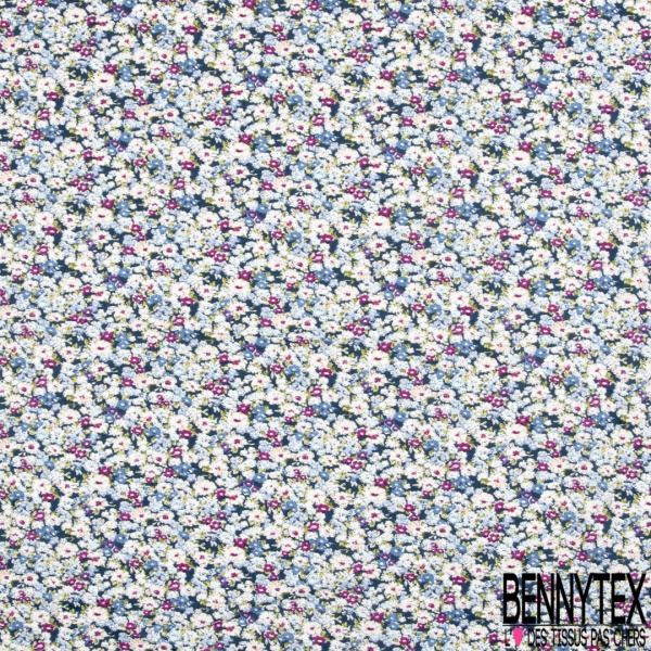 Coton imprimé petite fleur stylisée graphique au trait turquoise pastel bleu pastel rose bonbon fond noir
