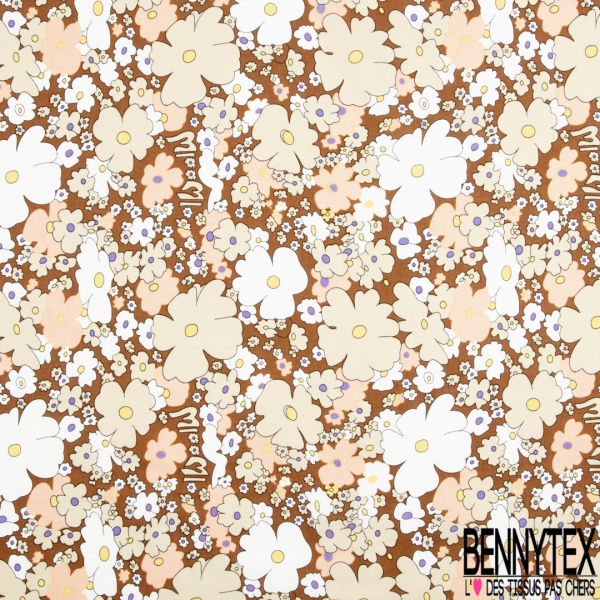 Coton grand imprimé floral seventie's fond lavande