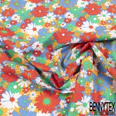 Coton grand imprimé floral seventie's fond jaune pastel