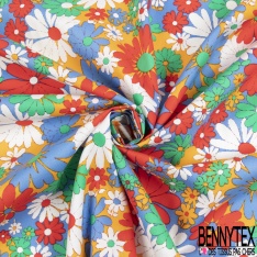 Coton grand imprimé floral seventie's fond jaune pastel