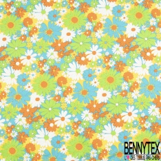 Coton grand imprimé marguerite seventie's rouge blanc bleu vert fond orange et bleu