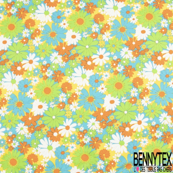 Coton grand imprimé marguerite seventie's rouge blanc bleu vert fond orange et bleu
