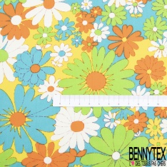 Coton grand imprimé marguerite seventie's rouge blanc bleu vert fond orange et bleu