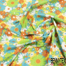Coton grand imprimé marguerite seventie's rouge blanc bleu vert fond orange et bleu
