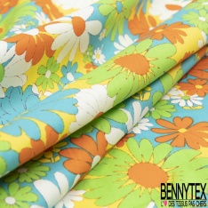 Coton grand imprimé marguerite seventie's rouge blanc bleu vert fond orange et bleu