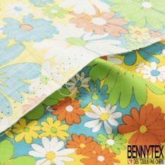 Coton grand imprimé marguerite seventie's rouge blanc bleu vert fond orange et bleu