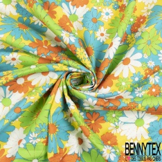 Coton grand imprimé marguerite seventie's rouge blanc bleu vert fond orange et bleu